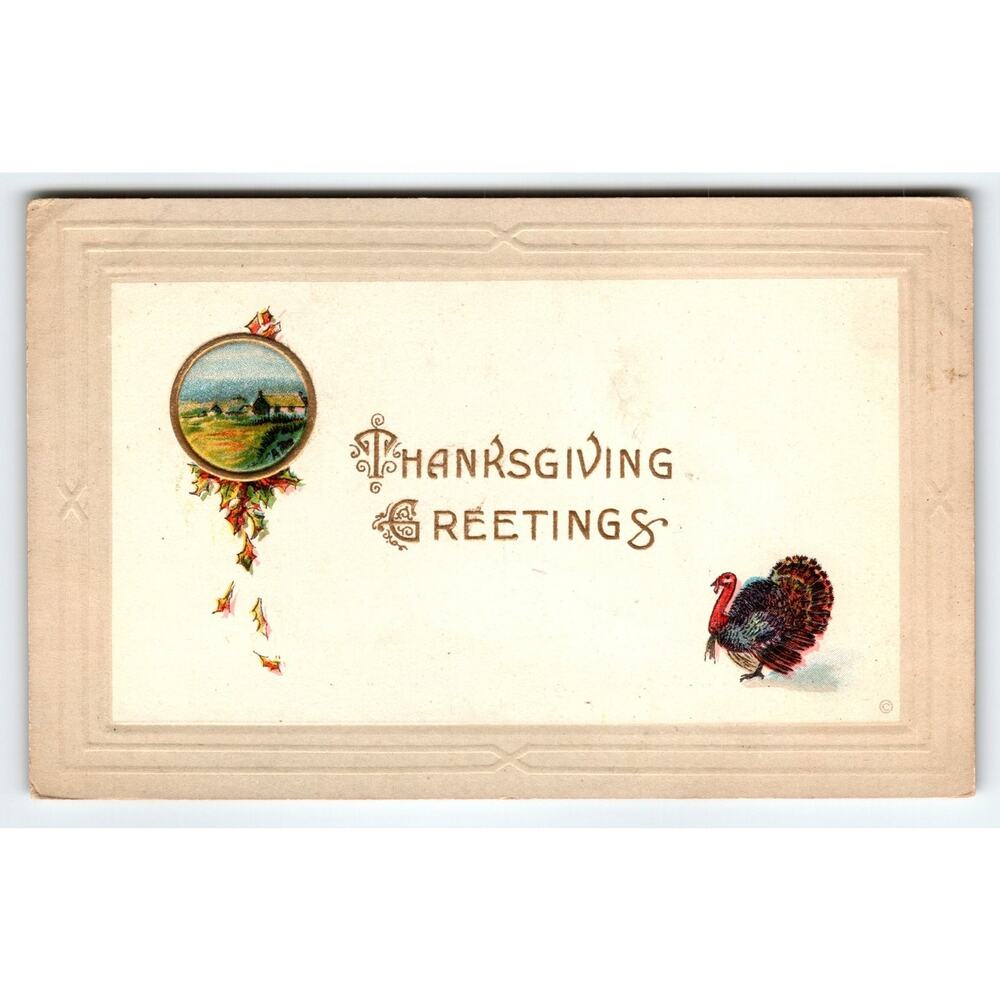 Vintage 1912 Thanksgiving Lithograph Postcard with Turkey & Scenic View